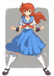 Rule 34 | 1girl, blue sailor collar, blue skirt, border, clenched hands, closed mouth, floating hair, full body, grey background, highres, kneehighs, long hair, looking at viewer, magami eiko, neckerchief, orange eyes, orange hair, pleated skirt, project a-ko, red neckerchief, sailor collar, school uniform, serafuku, shirt, short sleeves, skirt, socks, solo, vins-mousseux, white border, white shirt, white socks, wristband