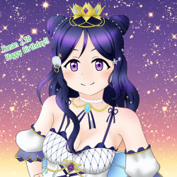 Rule 34 | 1girl, artist name, artist request, bare shoulders, blue hair, blue skirt, breasts, cleavage, collarbone, crown, dress, female focus, frilled dress, frills, hair bun, hair ornament, highres, jewelry, long hair, looking at viewer, love live!, love live! school idol festival, love live! sunshine!!, matsuura kanan, medium breasts, necklace, night, night sky, off shoulder, pearl necklace, ponytail, purple eyes, shell hair ornament, single hair bun, skirt, sky, solo, star (symbol), star hair ornament, zarashi896