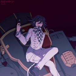 Rule 34 | 1boy, :d, artist name, black eyes, black footwear, black hair, buttons, checkered clothes, checkered neckwear, checkered scarf, commentary request, crossed legs, danganronpa (series), danganronpa v3: killing harmony, dated, double-breasted, ewa (seraphhuiyu), hair between eyes, highres, holding, long sleeves, looking at viewer, male focus, messy hair, open mouth, oma kokichi, pants, pink eyes, purple eyes, red background, robot, scarf, shoes, short hair, sitting, smile, solo, straitjacket, teeth, twitter username, upper teeth only, videocassette, white pants