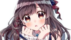 Rule 34 | 1girl, beeftanizoko, blush, brown eyes, brown hair, hair ornament, hands on own cheeks, hands on own face, highres, idolmaster, idolmaster shiny colors, jewelry, long hair, looking at viewer, open mouth, simple background, solo, tearing up, tsukioka kogane, white background