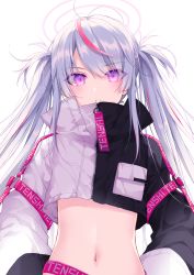 Rule 34 | 1girl, antenna hair, belt, black jacket, blush, breast pocket, commentary, crop top, crop top overhang, cropped jacket, flat chest, halo, highres, jacket, long hair, long sleeves, looking at viewer, midriff, multicolored clothes, multicolored hair, multicolored jacket, multiple straps, navel, nikyuppa, original, parted lips, pocket, purple eyes, romaji text, sidelocks, silver hair, simple background, solo, stomach, strap, streaked hair, symbol-only commentary, twintails, two-tone jacket, upper body, white background, white jacket, zipper pull tab
