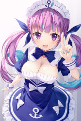 Rule 34 | 1girl, :d, anchor, anchor symbol, blue bow, blue dress, blue hair, blue nails, blue ribbon, blush, bow, braid, breasts, cleavage, collarbone, colored inner hair, commentary request, dress, frilled dress, frills, gradient background, hair ribbon, hand up, highres, hololive, kine-c, long hair, maid headdress, medium breasts, minato aqua, minato aqua (1st costume), multicolored hair, nail polish, open mouth, puffy short sleeves, puffy sleeves, purple eyes, purple hair, ribbon, short sleeves, smile, solo, striped, striped background, twintails, two-tone hair, v, vertical stripes, very long hair, virtual youtuber, white bow, wrist cuffs