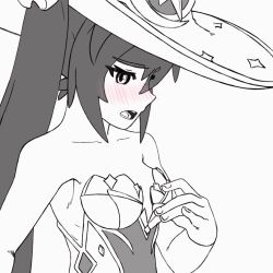 Rule 34 | 1girl, animated, animated gif, blush, breasts, breasts out, coziibite, genshin impact, looping animation, medium breasts, mona (genshin impact), monochrome, nipples, non-web source, small breasts