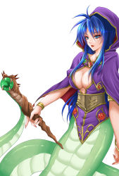 Rule 34 | 1girl, bad id, bad pixiv id, blue eyes, blue hair, bracelet, breath of fire, breath of fire i, breath of fire ii, breath of fire iii, deis, highres, hood, jewelry, lamia, long hair, matching hair/eyes, monster girl, simple background, smile, solo, staff, wari (tyutyuna), white background