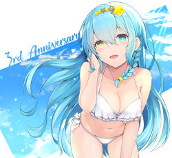 Rule 34 | 1girl, :d, absurdres, anniversary, bare arms, bare shoulders, bikini, blue eyes, blue hair, blue sky, braid, breasts, cleavage, cloud, collarbone, commentary request, day, groin, hair between eyes, hair ornament, hairclip, heterochromia, highres, leaning forward, long hair, looking at viewer, medium breasts, navel, open mouth, sky, smile, solo, sophi ly channel, sophia code, standing, star (symbol), star hair ornament, swimsuit, teeth, temari rin, upper teeth only, very long hair, virtual youtuber, white bikini, yellow eyes