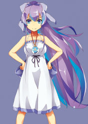 Rule 34 | 10s, 1girl, ahoge, bad id, bad pixiv id, bare shoulders, blue eyes, breasts, dress, frills, hair ribbon, hands on own hips, jewelry, kureha (angelite), long hair, necklace, pendant, ponytail, purple background, purple hair, ribbon, ryuugajou nanana, ryuugajou nanana no maizoukin, simple background, smile, solo, very long hair