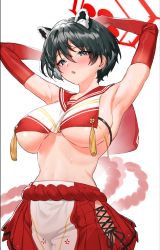 Rule 34 | 1girl, :o, animal ear fluff, animal ears, armpits, bad id, bad pixiv id, black hair, blue archive, blush, breast curtain, breasts, breasts apart, commentary request, cowboy shot, elbow gloves, gloves, grey eyes, hair between eyes, halo, highres, ichibi, large breasts, looking at viewer, midriff, parted lips, red gloves, red sailor collar, red skirt, rope, sailor collar, shimenawa, sideboob, simple background, skirt, solo, standing, sweat, tassel, tsubaki (blue archive), underboob, white background