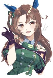 Rule 34 | 1girl, absurdres, blush, breasts, brown eyes, brown hair, buttons, coat, collared shirt, cropped torso, double-breasted, gloves, green coat, hand up, highres, king halo (umamusume), long hair, looking at viewer, medium breasts, one side up, open mouth, parted bangs, purple gloves, shikaya, shirt, short sleeves, signature, simple background, sleeveless, sleeveless shirt, smile, solo, umamusume, upper body, white background, white shirt
