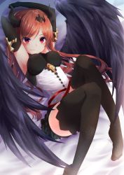 Rule 34 | 10s, 1girl, absurdres, amane tari, arms up, bed sheet, black gloves, black thighhighs, breasts, dark angel olivia, detached sleeves, elbow gloves, eyebrows, fang, fang out, feathered wings, full body, gloves, granblue fantasy, hair ribbon, highres, horns, lips, looking at viewer, medium breasts, miniskirt, no shoes, red eyes, red hair, ribbon, shingeki no bahamut, skirt, slit pupils, solo, swept bangs, thighhighs, wings, zettai ryouiki