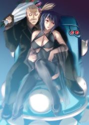 Rule 34 | 00s, 1boy, 1girl, batou (gits), breasts, chiba toshirou, cleavage, cyborg, flower, ghost in the shell, ghost in the shell stand alone complex, kusanagi motoko, large breasts, purple hair, red eyes, science fiction, tachikoma, thighhighs