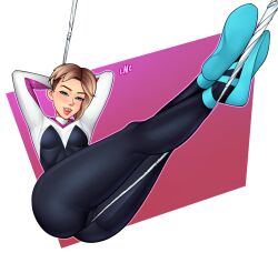 Rule 34 | 1girl, arms behind head, ass, blue eyes, breasts, commentary request, crossed legs, eyebrow piercing, gwen stacy, highres, light brown hair, loodncrood, marvel, piercing, signature, small breasts, solo, spider-gwen, spider-man: into the spider-verse, spider-man (series), spider-verse, superhero costume, tongue, tongue out, tooth gap, undercut