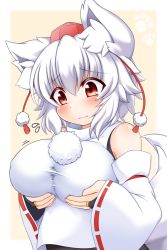 Rule 34 | 1girl, animal ear fluff, animal ears, bare shoulders, black skirt, blush, grabbing another&#039;s breast, breasts, detached sleeves, embarrassed, grabbing, grabbing own breast, hat, highres, inubashiri momiji, large breasts, looking down, pom pom (clothes), red eyes, ribbon-trimmed sleeves, ribbon trim, shirt, short hair, silver hair, skirt, sleeveless, sleeveless shirt, solo, sweatdrop, tachi yure, tail, tokin hat, touhou, turtleneck, white shirt, wolf ears, wolf tail