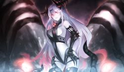 Rule 34 | 1girl, abyssal ship, bad id, bad pixiv id, black thighhighs, breasts, character request, claws, colored skin, gauntlets, glowing, gradient background, highres, kantai collection, large breasts, long hair, looking at viewer, navel, pale skin, red eyes, smile, solo, swimsuit, thighhighs, very long hair, weasel (close-to-the-edge), white skin