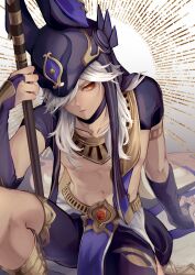 Rule 34 | 1boy, absurdres, animal hat, arm support, belt, commentary request, cowboy shot, cyno (genshin impact), dark-skinned male, dark skin, egyptian clothes, genshin impact, gold trim, gradient background, grey background, hair over one eye, hat, highres, jewelry, knee up, long hair, looking to the side, male focus, mimisuke37, necklace, parted lips, purple hat, purple shorts, red eyes, shorts, solo, white hair