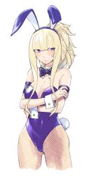 Rule 34 | 1girl, alternate hairstyle, animal ears, aoki hagane no arpeggio, bare shoulders, blonde hair, blunt bangs, bow, bowtie, breasts, cleavage, covered navel, cowboy shot, crossed arms, detached collar, fake animal ears, fishnet pantyhose, fishnets, hairband, kongou (aoki hagane no arpeggio), large breasts, leotard, medium hair, musashimaru, pantyhose, playboy bunny, ponytail, purple bow, purple bowtie, purple eyes, rabbit ears, rabbit tail, sidelocks, simple background, solo, sweatdrop, tail, white background, wrist cuffs