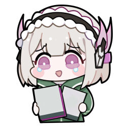 1girl alternate_costume bright_pupils chibi chibi_only china_tracksuit chinese_commentary commentary_request euyueuy hair_ornament holding holding_photo liv:_lux_(pgr) liv_(pgr) looking_at_object lowres maid_headdress meme_attire official_art photo_(object) pink_eyes punishing:_gray_raven short_hair simple_background solo tearing_up upper_body white_background white_hair white_pupils