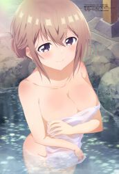 Rule 34 | 1girl, absurdres, blush, breasts, brown hair, cleavage, completely nude, covering privates, covering breasts, highres, huge breasts, katase shiori, looking at viewer, magazine scan, megami magazine, naked towel, no bra, no panties, nude, official art, onsen, partially submerged, scan, smile, solo, topless, towel, uchi no kaisha no chiisai senpai no hanashi, water, wet
