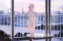 Rule 34 | 1girl, absurdres, against fence, animal ear fluff, animal ears, blurry, breasts, cat ears, cityscape, depth of field, fence, gauze, hair ornament, highres, hood, hoodie, jcj0125, long hair, looking to the side, medium breasts, mouth hold, naked hoodie, no panties, open clothes, open hoodie, original, pink eyes, round table, sad, silver hair, small breasts, solo, standing, table, x hair ornament