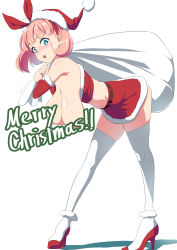 Rule 34 | 1girl, absurdres, aqua eyes, bare shoulders, belt, blush, boots, bow, breast slip, breasts, breasts out, censored, censored by text, censored nipples, christmas, convenient censoring, english text, gift bag, hair bow, hanging breasts, hat, high heels, highres, holding, huge breasts, leaning forward, looking at breasts, looking down, medium hair, merry christmas, midriff, mole, mole on breast, mole under eye, navel, no bra, open mouth, original, pink hair, red bow, sakamata (sakamata4), santa boots, santa costume, santa hat, shadow, simple background, skirt, solo, standing, strapless, thighhighs, wardrobe malfunction, white background