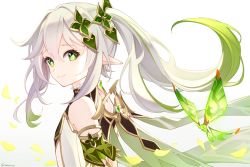 Rule 34 | 1girl, bare shoulders, cape, child, cross-shaped pupils, crystalfly (genshin impact), genshin impact, green cape, green eyes, green sleeves, hair ornament, highres, leaf hair ornament, long hair, looking at viewer, moqu, nahida (genshin impact), pointy ears, side ponytail, simple background, smile, symbol-shaped pupils, white background, white hair