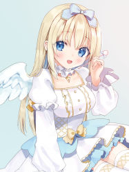 Rule 34 | 1girl, :d, blonde hair, blue background, blue bow, blue eyes, bow, breasts, commentary request, copyright request, dress, feathered wings, gradient background, grey background, hair bow, hand up, highres, holding, layered sleeves, long hair, long sleeves, looking at viewer, medium breasts, mimikaki, open mouth, pleated dress, puffy long sleeves, puffy short sleeves, puffy sleeves, rimo, short over long sleeves, short sleeves, smile, thighhighs, very long hair, virtual youtuber, white dress, white thighhighs, white wings, wings, yellow bow