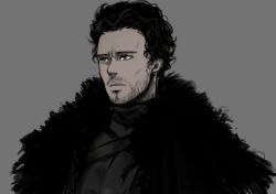 Rule 34 | 1boy, a song of ice and fire, animification, bad id, bad pixiv id, beard, black eyes, black hair, cape, clamp8903, facial hair, fur trim, grey background, grey theme, male focus, robb stark, simple background, solo