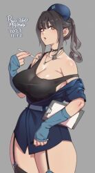 Rule 34 | 1girl, agawa ryou, arm warmers, artist name, belt, black choker, black hair, black tank top, black thighhighs, blue dress, blue hat, breasts, brown eyes, carrying, carrying under arm, choker, cleavage, clipboard, commentary, cowboy shot, dated, dress, earrings, english commentary, fingernails, garter straps, grey background, hat, holding, holding thermometer, jewelry, large breasts, long fingernails, looking at viewer, necklace, nurse, nurse cap, o-ring, o-ring choker, off shoulder, original, parted lips, pointy breasts, ponytail, short dress, sidelocks, simple background, solo, strap slip, stud earrings, tank top, thermometer, thick thighs, thighhighs, thighs, white belt