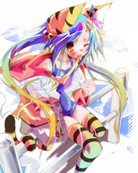 Rule 34 | 1girl, ahoge, animal ears, cat ears, cat girl, cat tail, colorful, hair bobbles, hair ornament, jpeg artifacts, kamiya yuu, mouth hold, multicolored clothes, multicolored hair, multicolored legwear, no pants, one-piece swimsuit, one eye closed, original, school swimsuit, solo, striped clothes, striped thighhighs, swimsuit, swimsuit under clothes, tail, thighhighs, twintails, wet, wink
