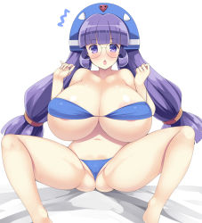 Rule 34 | 1girl, areola slip, ass, bikini, blush, breasts, cleavage, glasses, gluko, hair ornament, headdress, huge breasts, long hair, mon colle knights, open mouth, plump, purple eyes, purple hair, sitting, swimsuit, thick thighs, thighs, tsumugie, twintails, very long hair