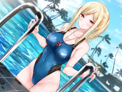 Rule 34 | 1girl, blonde hair, blue sky, breasts, coconut tree, collarbone, competition swimsuit, covered navel, highres, large breasts, long hair, looking at viewer, one-piece swimsuit, oouso, original, outdoors, palm tree, pool, pool ladder, poolside, red eyes, sky, solo, swimsuit, thigh gap, tree, water, wet, whistle, whistle around neck