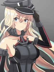 Rule 34 | 1girl, absurdres, bare shoulders, bismarck (kancolle), blonde hair, blue eyes, blush, breasts, collarbone, detached sleeves, grey background, hat, highres, kantai collection, large breasts, long hair, looking at viewer, military, military hat, military uniform, peaked cap, roko roko (doradorazz), simple background, smile, solo, twitter username, uniform, upper body