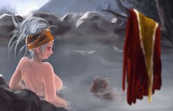 Rule 34 | 1girl, back, bathing, blurry, blurry foreground, breasts, closed mouth, day, dress, envenomist (gengoroumaru), from side, grey hair, headband, japanese macaque, large breasts, long hair, looking at another, monkey, nude, one-hour drawing challenge, onsen, outdoors, partially submerged, red eyes, rock, sakata nemuno, sideboob, sidelocks, steam, touhou, twitter username, unworn clothes, unworn dress, upper body, water
