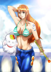 Rule 34 | 1girl, bikini, bikini top only, blue jeans, blue sky, breasts, cloud, cloudy sky, denim, holding, holding weapon, jeans, large breasts, long hair, looking at viewer, nami (one piece), one eye closed, one piece, orange eyes, orange hair, pants, penzoom, shirtless (female), sky, standing, sunlight, sunset, swimsuit, tattoo, thousand sunny, weapon, zeus (one piece)