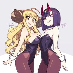 Rule 34 | 2girls, :d, :q, ahoge, anila (granblue fantasy), arm at side, asymmetrical docking, blonde hair, breast press, breasts, brown legwear, chan co, choker, contrapposto, covered navel, cowboy shot, crossover, draph, eyeliner, fate/grand order, fate (series), from side, granblue fantasy, height, hikimayu, horns, large breasts, leotard, long hair, looking at viewer, makeup, multiple girls, open mouth, pantyhose, purple eyes, purple hair, short hair, shuten douji (fate), sidelocks, simple background, small breasts, smile, standing, tongue, tongue out, wrist cuffs, yellow eyes