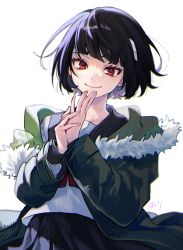 Rule 34 | 1girl, bandages, bob cut, fur trim, hakuri, jacket, long sleeves, looking at viewer, original, own hands clasped, own hands together, purple hair, red eyes, sachi-iro no one room, sachi (sachi-iro no one room), school uniform, serafuku, short hair, simple background, skirt, smile, solo, white background