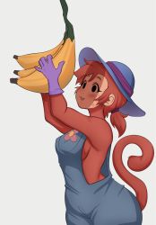 Rule 34 | 1girl, arms up, banana, black eyes, blush, body fur, breasts, commission, food, fruit, furry, furry female, hat, highres, holding, holding food, holding fruit, monkey girl, monkey tail, no bra, open mouth, original, overalls, penis shadow, sexually suggestive, short twintails, shykactus, simple background, smile, solo, standing, sweat, tail, twintails