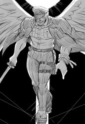 Rule 34 | 1boy, beard, facial hair, feathered wings, full body, greyscale, hat, highres, hogen (housamo), horns, jacket, jacket on shoulders, leg belt, looking at viewer, mahiro (mahirorei), male focus, mature male, monochrome, muscular, muscular male, old, old man, pectorals, police, police hat, police uniform, policeman, rope, short hair, single horn, sketch, smile, solo, spread wings, tokyo houkago summoners, uniform, wings