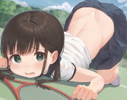 1girl blue_skirt blue_sky blurry blurry_background blush brown_hair chain-link_fence cloud commentary_request day depth_of_field fence green_eyes highres long_hair looking_at_viewer low_twintails mimikaki_(men_bow) on_ground open_mouth original outdoors pleated_skirt racket shirt shoes short_sleeves skirt sky solo tears tennis tennis_racket top-down_bottom-up twintails white_footwear white_shirt