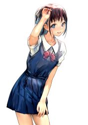 Rule 34 | 1girl, absurdres, black dress, black hair, blue eyes, bow, bowtie, collared shirt, contrapposto, dress, emutsuichi, highres, long hair, looking at viewer, original, pink bow, pink bowtie, ponytail, school uniform, shirt, short sleeves, sidelocks, simple background, sleeveless, sleeveless dress, solo, white background, white shirt