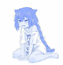 Rule 34 | 1girl, barefoot, between legs, blue eyes, blue theme, blush, braid, clothes writing, crying, crying with eyes open, dark-skinned female, dark skin, fang, hair flaps, hand between legs, highres, jahy, jahy-sama wa kujikenai!, long hair, monochrome, naked shirt, off shoulder, open mouth, pointy ears, shirt, short sleeves, simple background, single braid, sitting, slit pupils, solo, tears, trembling, very long hair, viperxtr, wariza, white background