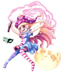 Rule 34 | 1girl, american flag dress, american flag legwear, arms up, black eyes, blonde hair, blush stickers, breasts, closed eyes, clownpiece, fairy wings, hair between eyes, hat, highres, jester cap, joyfull (terrace), long hair, mask, moon, neck ruff, open mouth, pantyhose, polka dot, short sleeves, simple background, small breasts, solo, star-shaped pupils, star (symbol), symbol-shaped pupils, torch, touhou, white background, wings