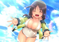 Rule 34 | 1girl, alice gear aegis, beach, breasts, brown hair, closed eyes, cloud, dark-skinned female, dark skin, day, gluteal fold, happy, highres, jacket, jacket over swimsuit, jewelry, kaneshiya sitara, large breasts, one-piece swimsuit, open hands, open mouth, ring, sada mamesuke, sky, smile, solo, swimsuit, white one-piece swimsuit