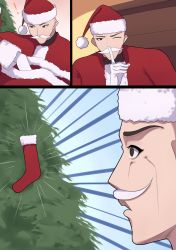 Rule 34 | !, 1boy, absurdres, band-width, black eyes, christmas stocking, christmas tree, facial hair, finger to mouth, gloves, hat, highres, mustache, no pupils, one eye closed, open mouth, original, santa costume, santa hat, shushing, tree, white gloves