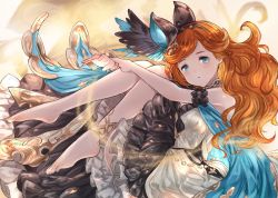 Rule 34 | 1girl, anklet, barefoot, blue eyes, cloak, curled up, curly hair, dress, feet, fetal position, granblue fantasy, hairband, highres, hugging own legs, jewelry, kidojiru, knees to chest, long hair, looking at viewer, lying, on side, orange hair, sara (granblue fantasy), solo