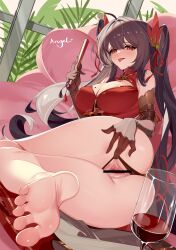 Rule 34 | 1girl, absurdres, alcohol, ass, barefoot, blush, breasts, cleavage, clothing aside, cup, drinking glass, elbow gloves, fan, feet, gloves, highres, kero (vtuber), large breasts, long hair, looking at viewer, panties, panties aside, pussy, red eyes, soles, spread pussy, toes, tongue, tongue out, twintails, underwear, virtual youtuber, wine, wine glass
