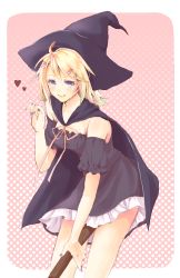 Rule 34 | 1girl, blonde hair, blue eyes, broom, dress, frills, hair ornament, hairclip, hat, heart, kagamine rin, kijikko, kojiki, pleated dress, short dress, short hair, smile, solo, vocaloid, witch, witch hat