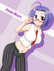Rule 34 | 10s, 1girl, ahoge, bare shoulders, bespectacled, between breasts, blue hair, breasts, female focus, glasses, idolmaster, idolmaster (classic), idolmaster 2, large breasts, miura azusa, navel, necktie, purple eyes, shirt, short hair, solo, taut clothes, taut shirt, wagomu17