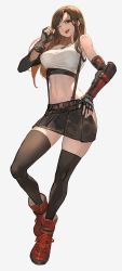 Rule 34 | 1girl, arm guards, bare shoulders, black thighhighs, breasts, brown eyes, brown hair, commentary, earrings, elbow gloves, final fantasy, final fantasy vii, final fantasy vii remake, fingerless gloves, full body, gloves, hand on own hip, highres, jewelry, lack, long hair, medium breasts, midriff, miniskirt, navel, one eye closed, open mouth, simple background, skirt, smile, solo, stomach, suspenders, tank top, thighhighs, tifa lockhart, white tank top