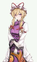 Rule 34 | 1girl, absurdres, blonde hair, bow, breasts, closed mouth, dress, grey background, hair bow, hat, highres, holding own arm, juliet sleeves, long sleeves, looking at viewer, mob cap, orchid (orukido), puffy sleeves, purple eyes, red bow, sidelocks, simple background, solo, tabard, touhou, white dress, white hat, yakumo yukari
