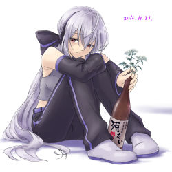Rule 34 | 1girl, alcohol, black pants, bow, dated, detached sleeves, frown, gagame, headphones, hugging own legs, long hair, pants, plant, ponytail, red eyes, shirt, shoes, sidelocks, silver hair, simple background, sitting, sleeveless, sleeveless shirt, solo, very long hair, vocaloid, white background, white footwear, yowane haku